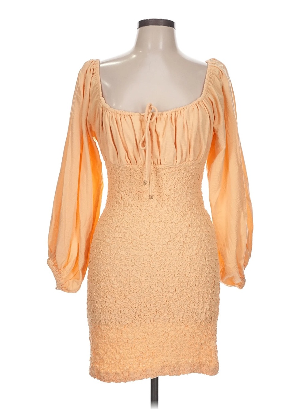 Free People Large Peach Smocked Mini Dress with Puff Sleeves